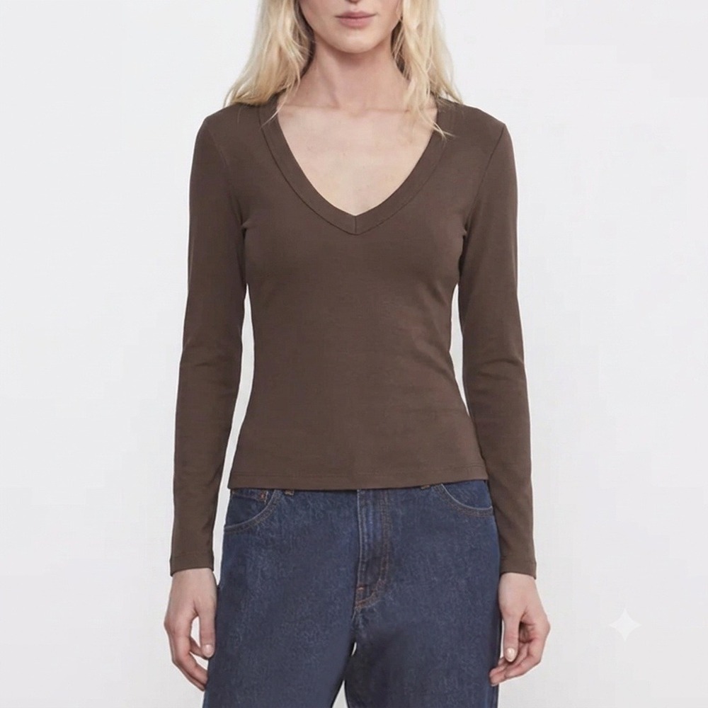 ENZA COSTA Supima Long Sleeve V-Neck Top Women Small Brown Cotton New Classic